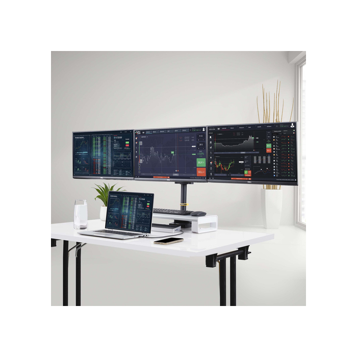 StarTech.com Support de Bureau pour 3 Écrans 27", VESA 75x75/100x100, Bras Articulé Réglable sans Outils, Pince en C/Passe-Fil, Support d'Écrans 27 pouces, Bras pour Moniteur Assisté par Ressort