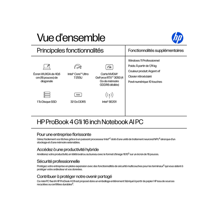 HP ProBook 4 G1i 16 inch Notebook AI PC Ordinateur portable 1 To SSD Wi-Fi 7 (802.11be) Windows 11 Pro