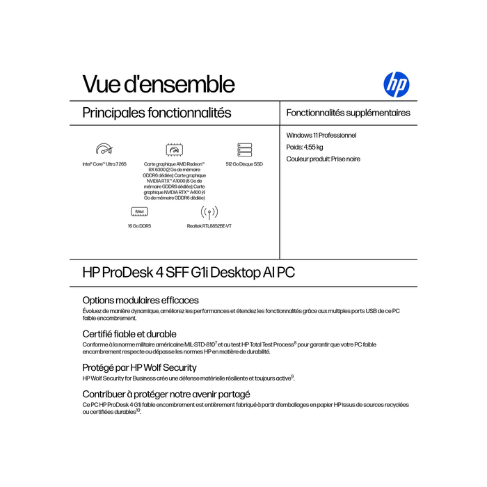 HP ProDesk 4 SFF G1i Desktop AI PC Intel Core Ultra 7 265 16 Go DDR5-SDRAM 512 Go SSD Windows 11 Pro Noir