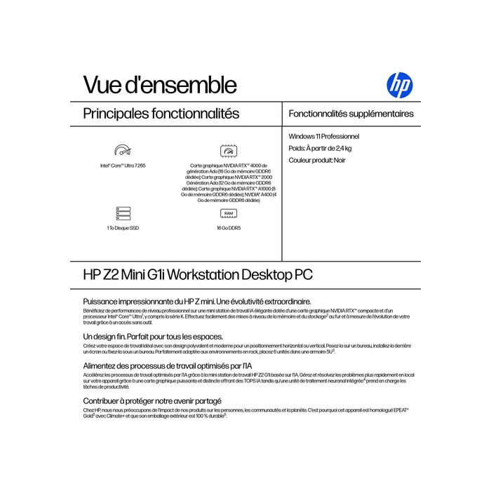 HP Z2 Mini G1i Workstation Desktop PC Intel Core Ultra 7 265 16 Go DDR5-SDRAM Windows 11 Pro Mini PC Station de travail AI PC, AI Workstation Noir