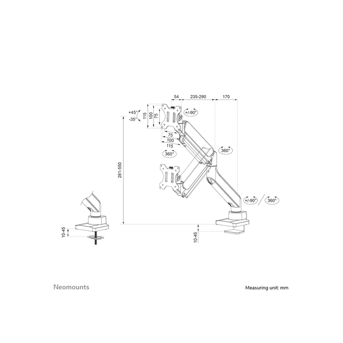 NEOMOUNTS PRODUCTS EUR Neomounts DS70-450WH1 Support d'écran à fixer 17-42" - ressort à gaz - Topfix - arrêt 180°