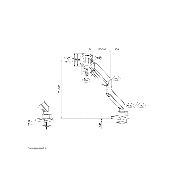 NEOMOUNTS PRODUCTS EUR Neomounts DS70PLUS-450BL1 Support d'écran à fixer 17-49" - ressort à gaz - Topfix - arrêt 180°