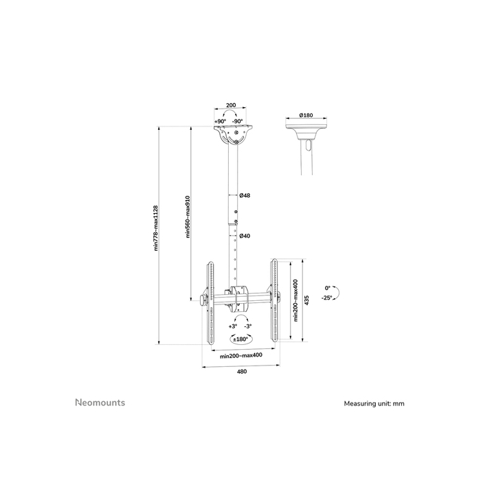 NEOMOUNTS PRODUCTS EUR Neomounts NM-C440BLACK Support de plafond pour écran 32-60" - h56-91 cm