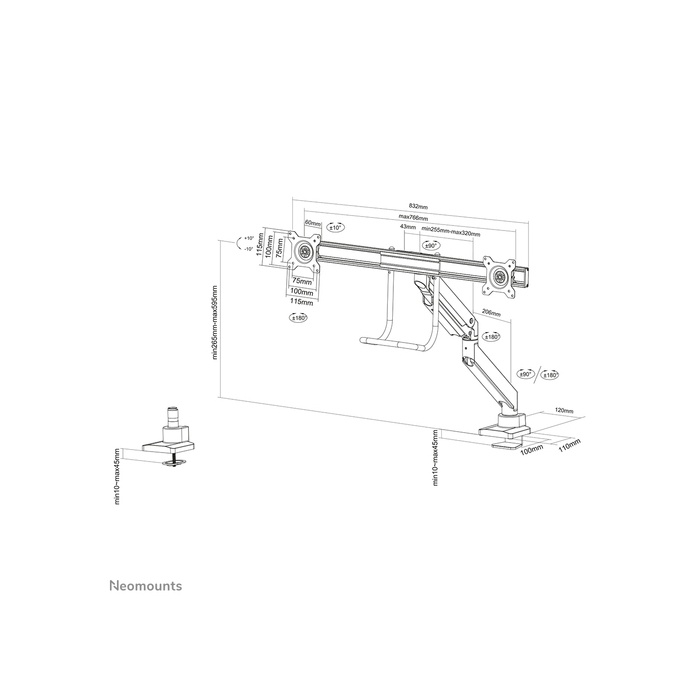 NEOMOUNTS PRODUCTS EUR Neomounts NM-D775DXBLACK Support d'écran à fixer 10-32" - ressort à gaz - Topfix - arrêt 180°
