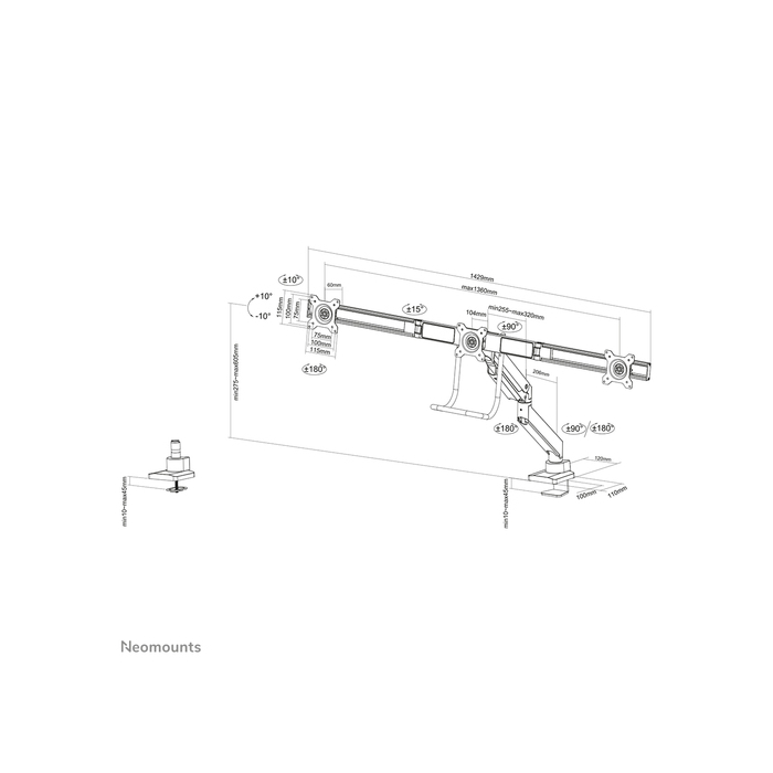 NEOMOUNTS PRODUCTS EUR Neomounts NM-D775DX3BLACK Support d'écran à fixer 17-27" - ressort à gaz - Topfix - arrêt 180°