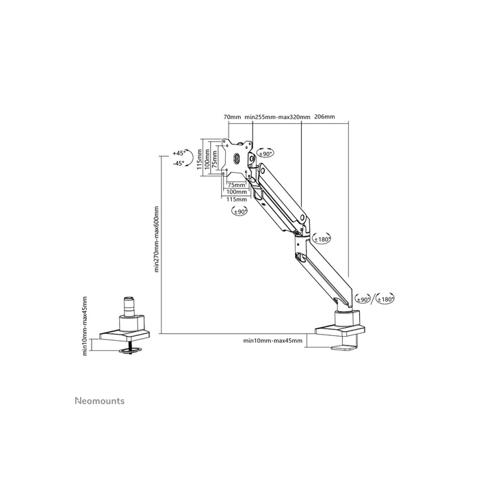 NEOMOUNTS PRODUCTS EUR Neomounts NM-D775BLACKPLUS Support d'écran à fixer 10-49" - ressort à gaz - Topfix - arrêt 180°