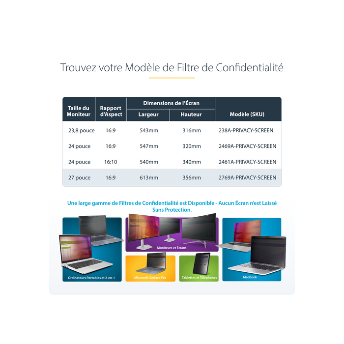 StarTech.com Filtre de Confidentialité pour Écran d'Ordinateur 27 pouces 16:9, Filtre Acrylique Suspendu, Protection d'Écran à Installation Rapide, Protection de Moniteur, +/- 30 Degrés de Vue, Brillant