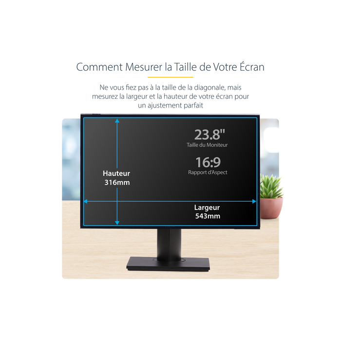 StarTech.com Filtre de Confidentialité pour Écran d'Ordinateur 23,8 pouces 16:9, Filtre Acrylique Suspendu, Protection d'Écran à Installation Rapide, Protection de Moniteur, +/- 30 Degrés de Vue, Brillant