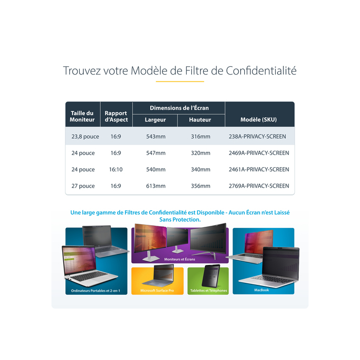 StarTech.com Filtre de Confidentialité pour Écran d'Ordinateur 23,8 pouces 16:9, Filtre Acrylique Suspendu, Protection d'Écran à Installation Rapide, Protection de Moniteur, +/- 30 Degrés de Vue, Brillant