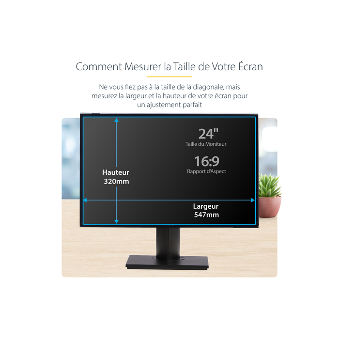 StarTech.com Filtre de Confidentialité pour Écran d'Ordinateur 24 pouces 16:9, Filtre Acrylique Suspendu, Protection d'Écran à Installation Rapide, Protection de Moniteur, +/- 30 Degrés de Vue, Brillant