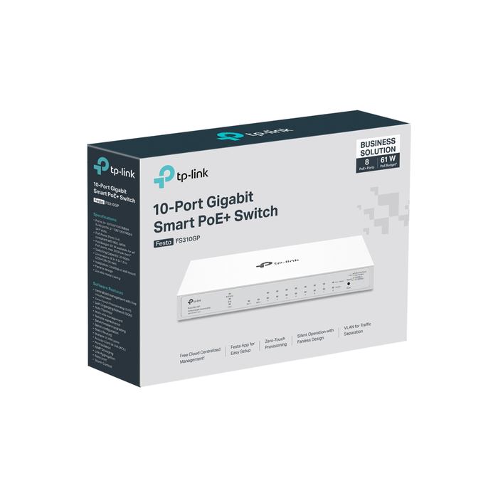 TP-Link FESTA FS310GP commutateur réseau Géré L2/L2+ Gigabit Ethernet (10/100/1000) Connexion Ethernet, supportant l'alimentation via ce port (PoE) 1U Blanc