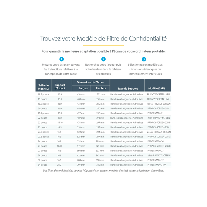 StarTech.com Filtre de Confidentialité Écrans PC 24 pouces - Écran Confidentialité Ordinateur - Filtre Ordinateur Réduction Lumière Bleue - Écrans Larges 16:10 - Mat/Brilliant - +/- 30 Degrées