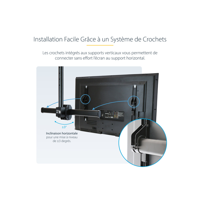 StarTech.com Support TV pour Plafond - Support Universel pour Écran Unique avec Mât Télescopique Réglable - Inclinable/Pivotant - Support VESA pour Écrans 32"-75