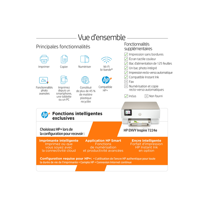 HP ENVY Inspire 7224e Sans fil multifonction couleur, Instant Ink; copieur, scanner