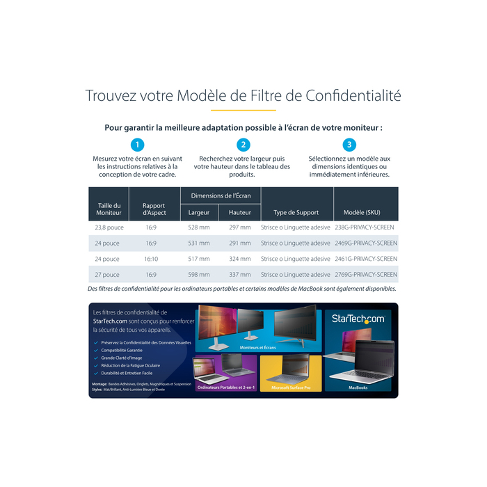 StarTech.com Filtre de Confidentialité pour Écran 24 pouces 16:9, Écran de Confidentialité Réversible Or, Filtre Anti Reflet pour Ordinateur Amélioré, Bouclier de Sécurité, +/- 30 Degrés
