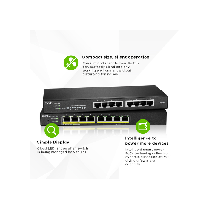 ZYXEL    Zyxel GS1915-8EP Géré L2 Gigabit Ethernet (10/100/1000) Connexion Ethernet, supportant l'alimentation via ce port (PoE) Noir