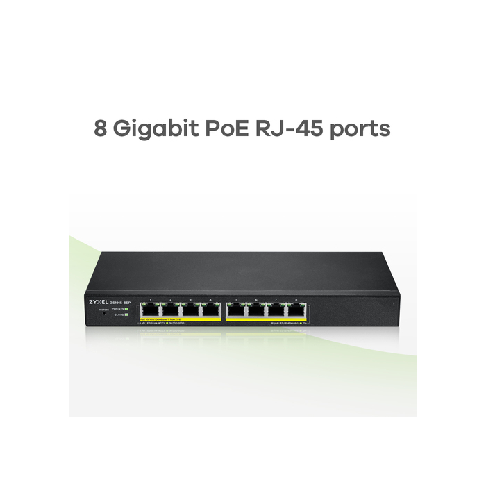 ZYXEL    Zyxel GS1915-8EP Géré L2 Gigabit Ethernet (10/100/1000) Connexion Ethernet, supportant l'alimentation via ce port (PoE) Noir