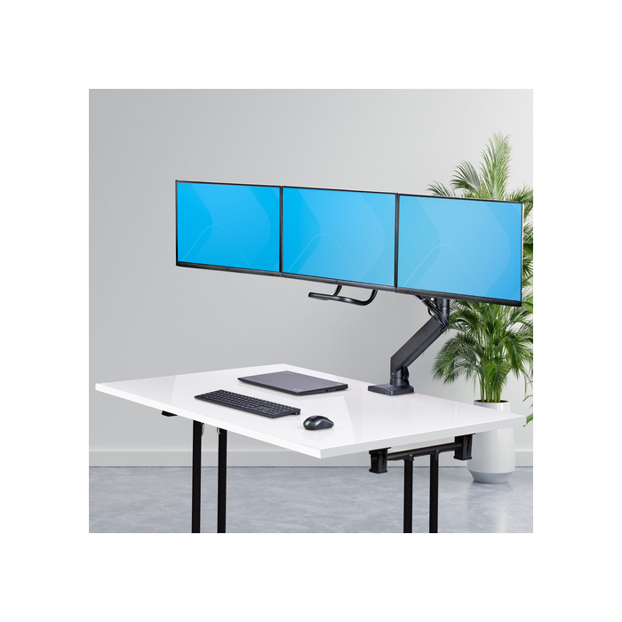 StarTech.com Support de Bureau pour 3 Écrans 27", VESA 75x75/100x100, Bras Articulé Réglable sans Outils, Pince en C/Passe-Fil, Support d'Écrans 27 pouces, Bras pour Moniteur Assisté par Ressort
