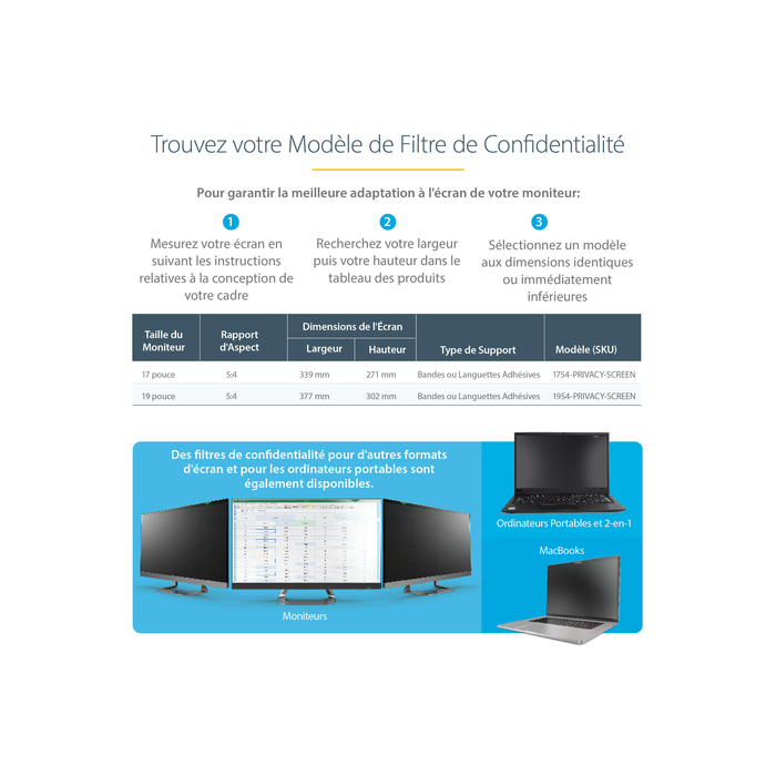 StarTech.com Filtre de Confidentialité pour Ordinateur Portable 17 pouces 5:4 - Écran de Confidentialité Antireflet avec Réduction de Lumière Bleue de 51% Protecteur d'Écran PC avec Angle de Vision de +/- 30°